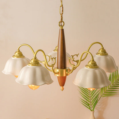 Traditional Japanese Drum Wood Copper Ceramic 3/5-Light Chandelier For Living Room