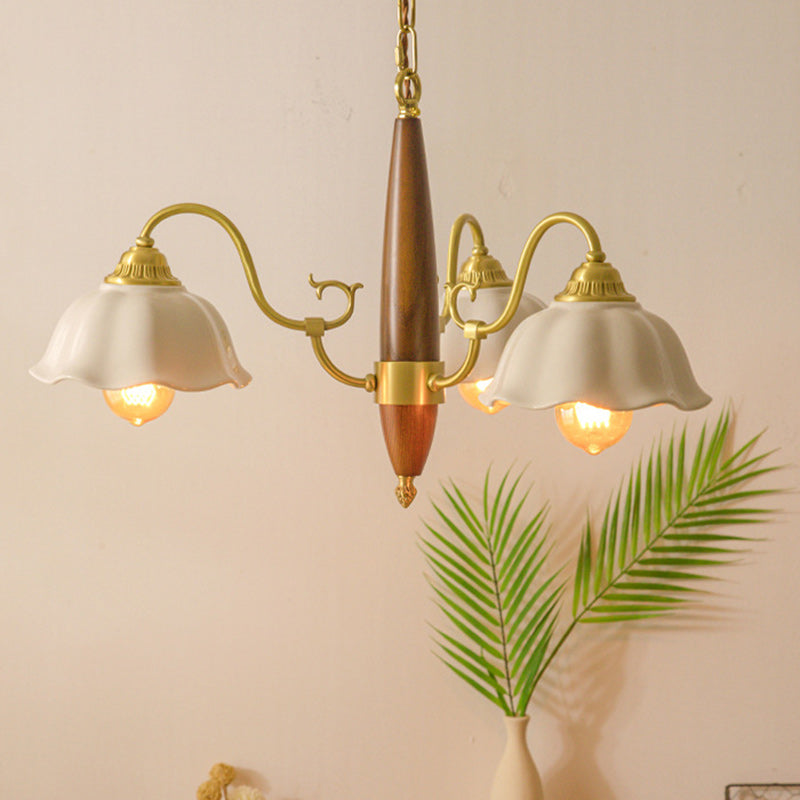 Traditional Japanese Drum Wood Copper Ceramic 3/5-Light Chandelier For Living Room