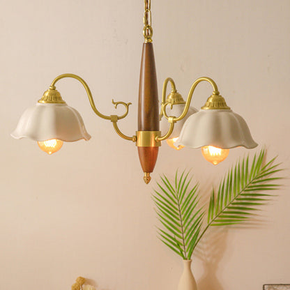 Traditional Japanese Drum Wood Copper Ceramic 3/5-Light Chandelier For Living Room