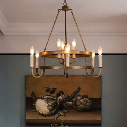 Traditional Rustic Round Iron 9-Light Chandelier For Living Room
