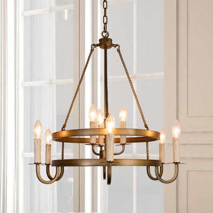 Traditional Rustic Round Iron 9-Light Chandelier For Living Room