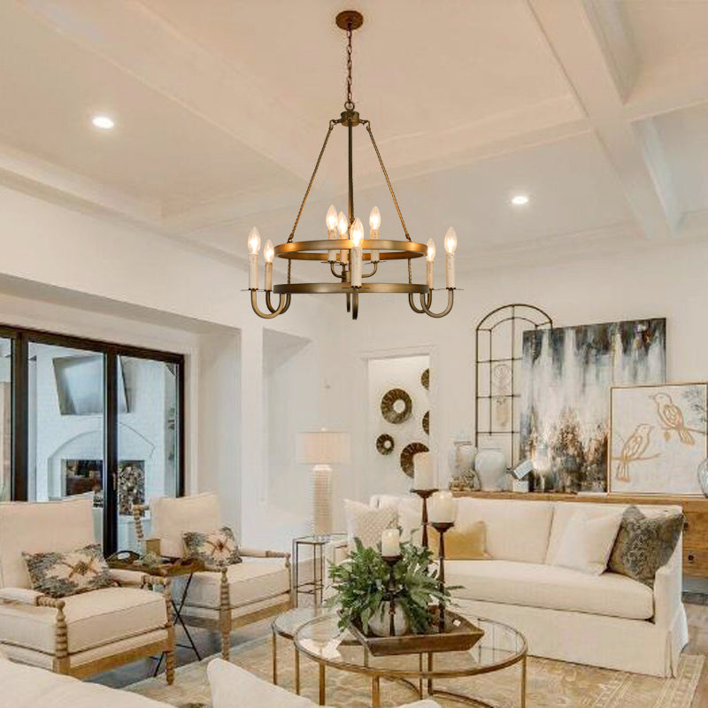 Traditional Rustic Round Iron 9-Light Chandelier For Living Room
