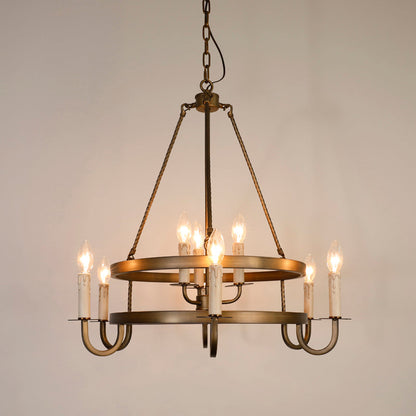 Traditional Rustic Round Iron 9-Light Chandelier For Living Room