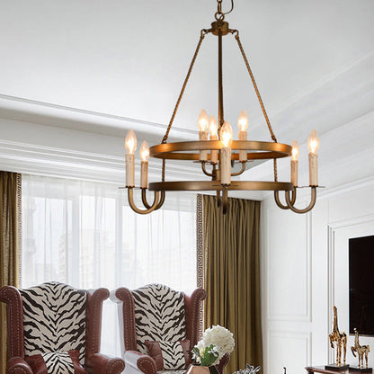 Traditional Rustic Round Iron 9-Light Chandelier For Living Room