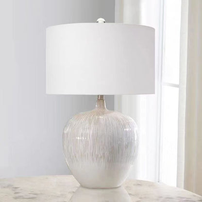 Contemporary Nordic Round Ceramic Fabric 1-Light Table Lamp For Living Room