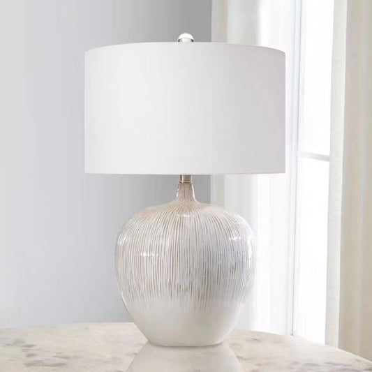 Contemporary Nordic Round Ceramic Fabric 1-Light Table Lamp For Living Room