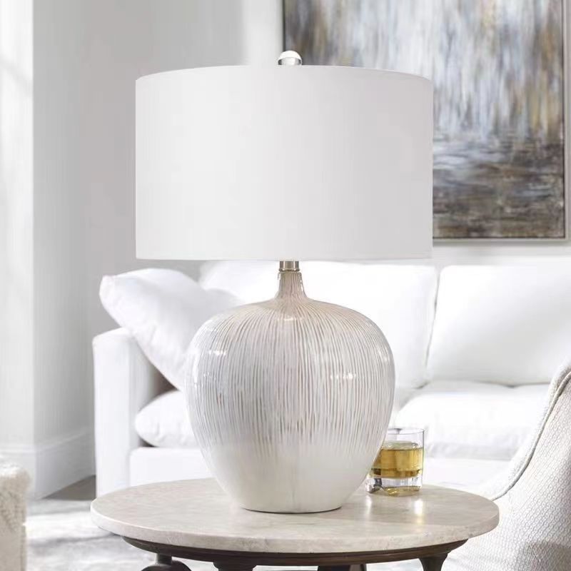 Contemporary Nordic Round Ceramic Fabric 1-Light Table Lamp For Living Room