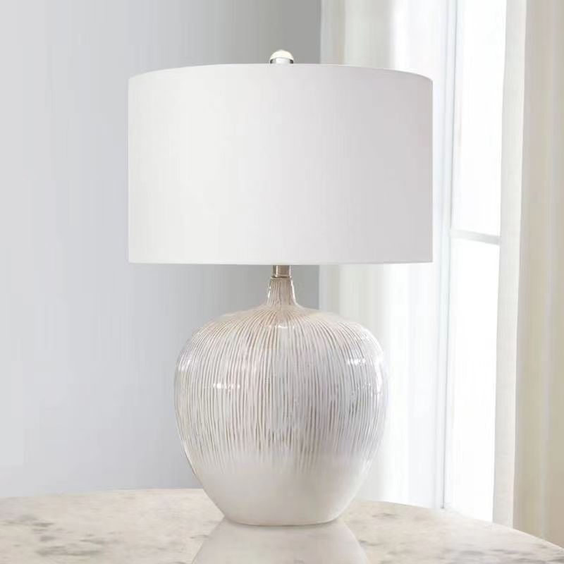 Contemporary Nordic Round Ceramic Fabric 1-Light Table Lamp For Living Room