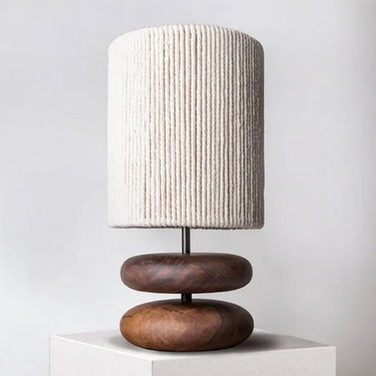 Traditional Japanese Cylinder Iron Wood Fabric 1-Light Table Lamp For Living Room