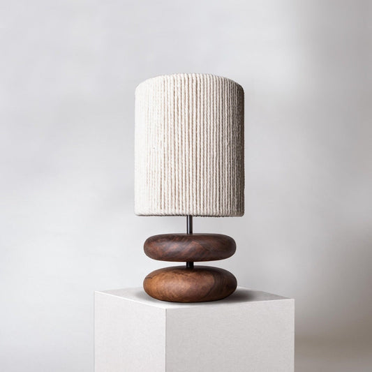 Traditional Japanese Cylinder Iron Wood Fabric 1-Light Table Lamp For Living Room