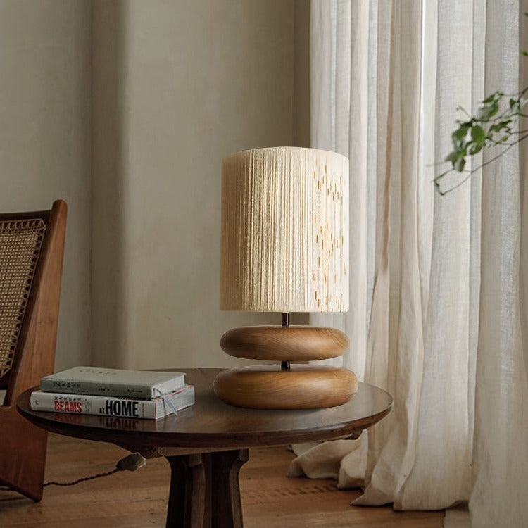 Traditional Japanese Cylinder Iron Wood Fabric 1-Light Table Lamp For Living Room