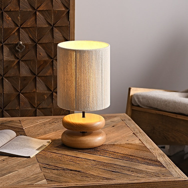Traditional Japanese Cylinder Iron Wood Fabric 1-Light Table Lamp For Living Room