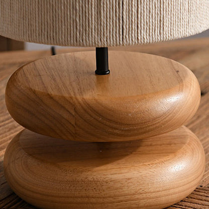 Traditional Japanese Cylinder Iron Wood Fabric 1-Light Table Lamp For Living Room