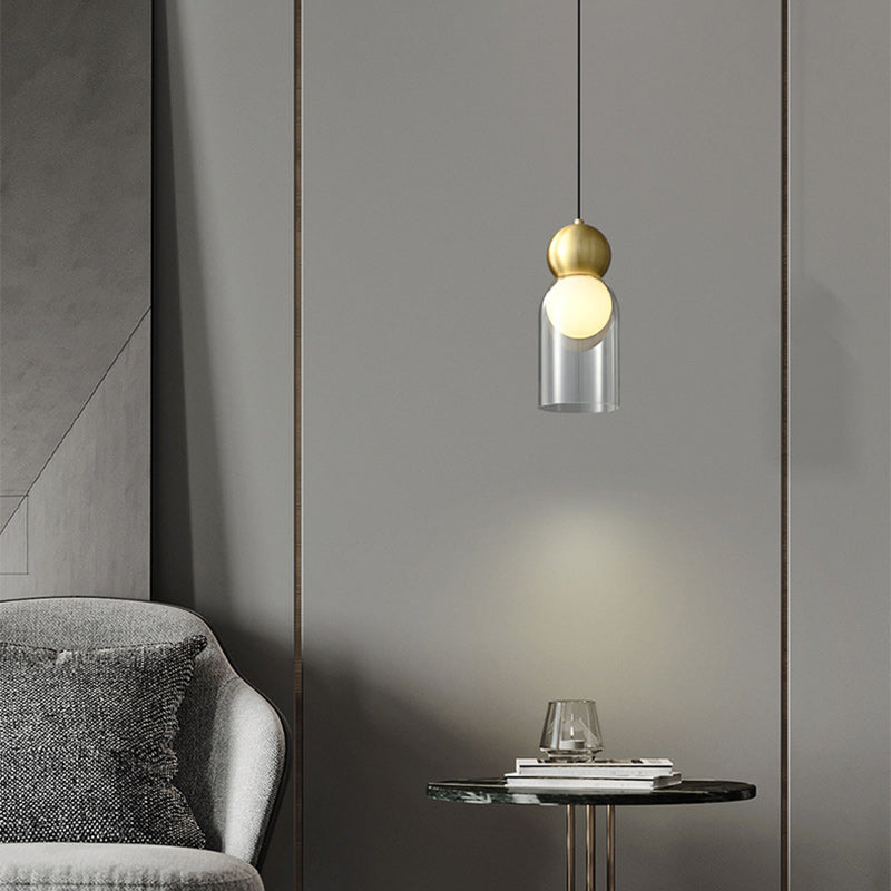 Contemporary Luxury Cylinder Oval Copper Glass 1-Light Pendant Light For Living Room