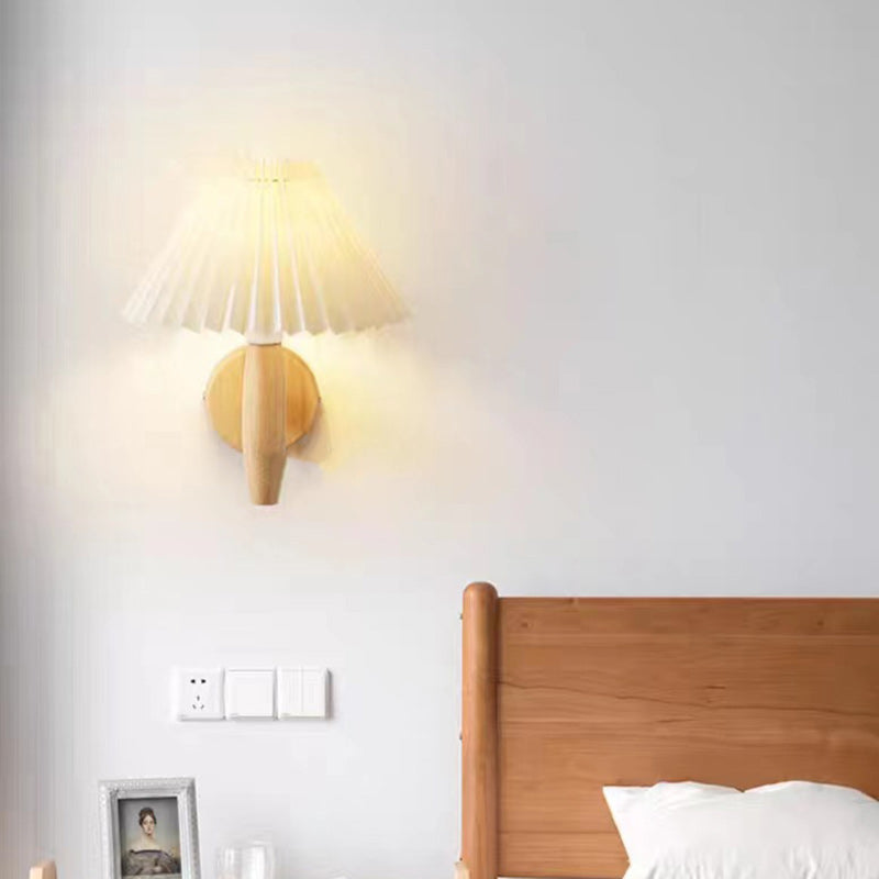 Contemporary Nordic Cone Wood Paper 1-Light Wall Sconce Lamp For Living Room