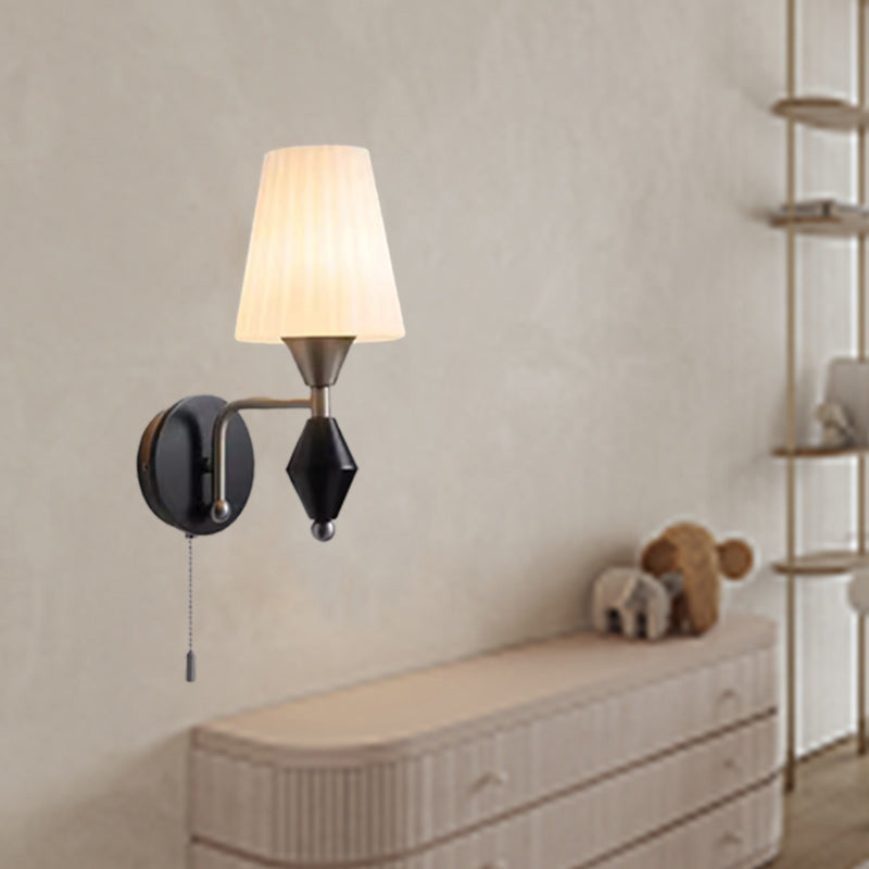 Traditional Vintage Cylinder Iron Wood Glass 1-Light Wall Sconce Lamp For Living Room