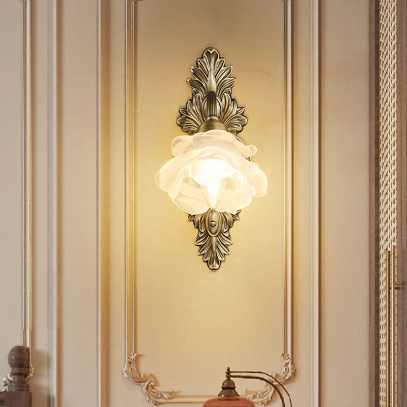 Traditional European Flower Copper Glass 1-Light Wall Sconce Lamp For Living Room