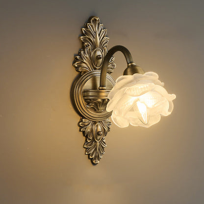 Traditional European Flower Copper Glass 1-Light Wall Sconce Lamp For Living Room