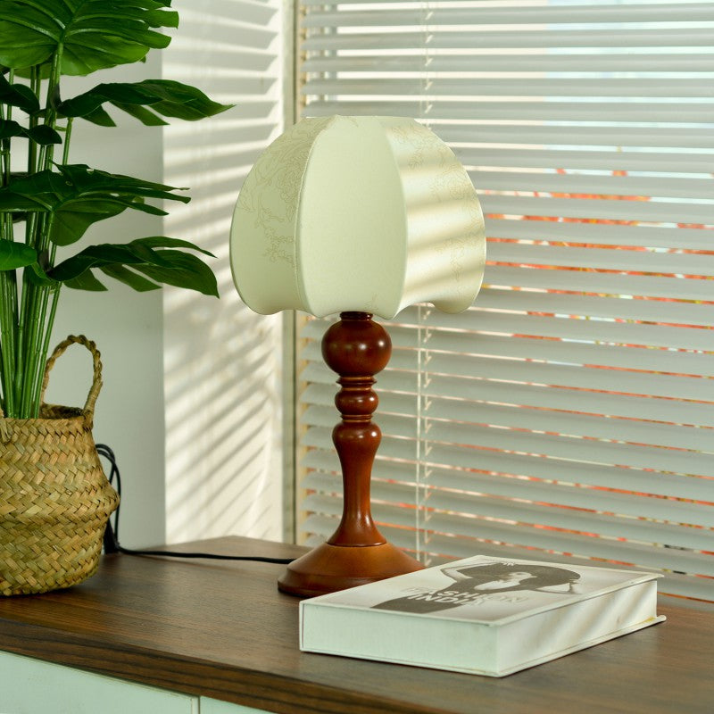 Traditional Chinese Dome Wood Fabric 1-Light Table Lamp For Living Room