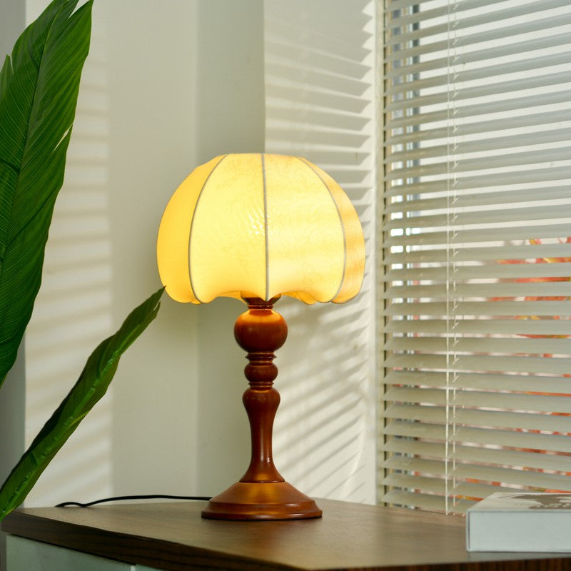 Traditional Chinese Dome Wood Fabric 1-Light Table Lamp For Living Room