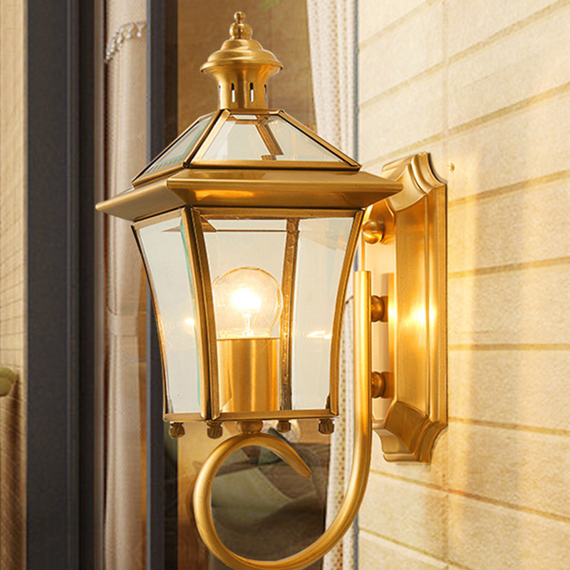 Traditional European Trapezoid Copper Glass 1-Light Wall Sconce Lamp For Garden