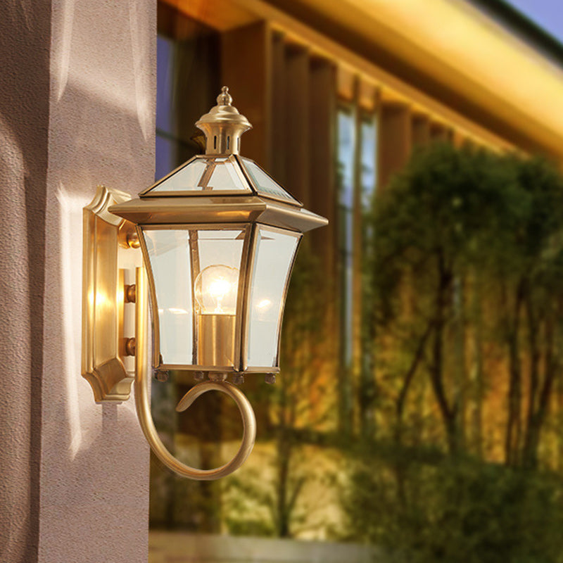 Traditional European Trapezoid Copper Glass 1-Light Wall Sconce Lamp For Garden