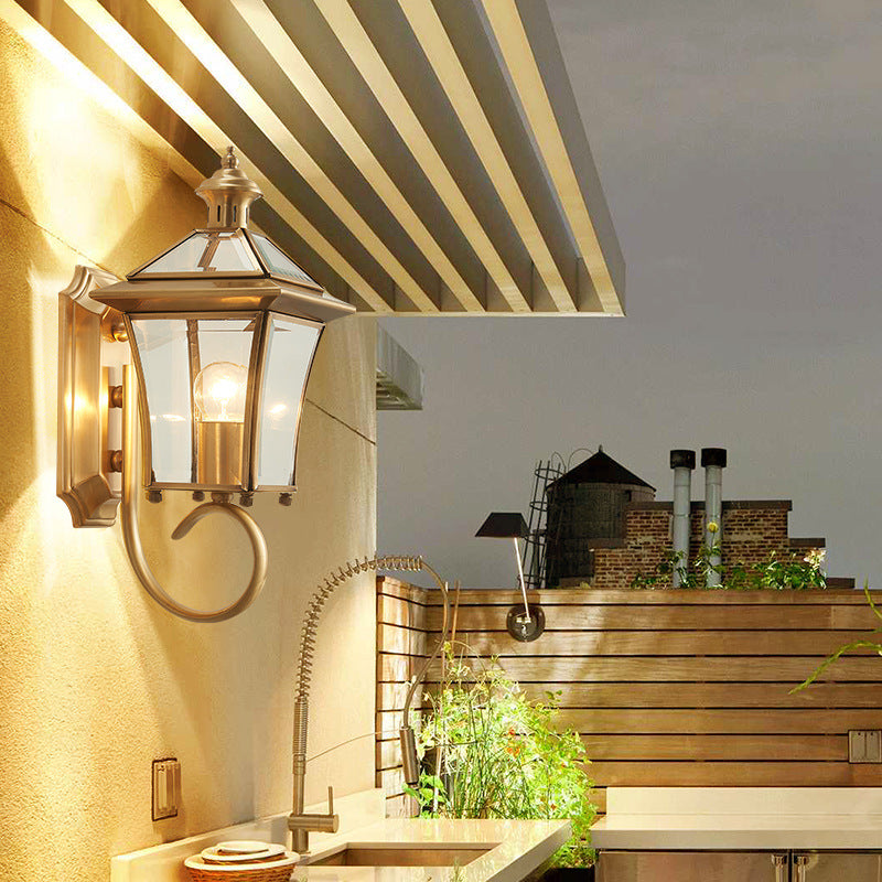 Traditional European Trapezoid Copper Glass 1-Light Wall Sconce Lamp For Garden