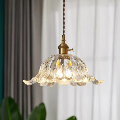 Traditional Japanese Flower Copper Glass 1-Light Pendant Light For Living Room