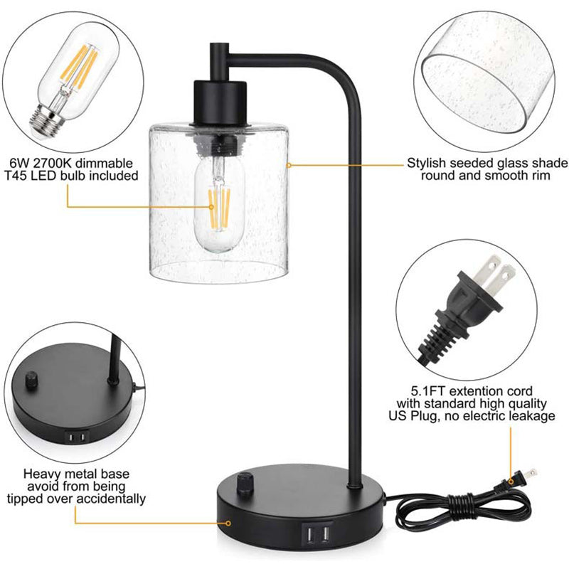 Contemporary Industrial Cylinder Iron Glass 1-Light Table Lamp For Living Room