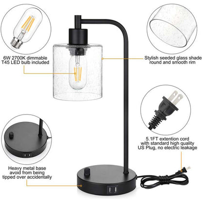 Contemporary Industrial Cylinder Iron Glass 1-Light Table Lamp For Living Room