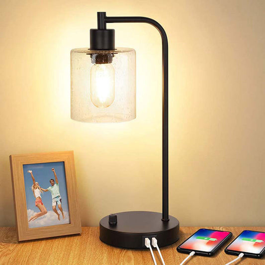 Contemporary Industrial Cylinder Iron Glass 1-Light Table Lamp For Living Room