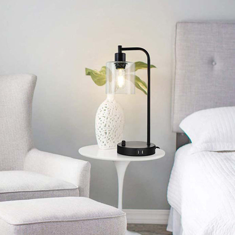 Contemporary Industrial Cylinder Iron Glass 1-Light Table Lamp For Living Room