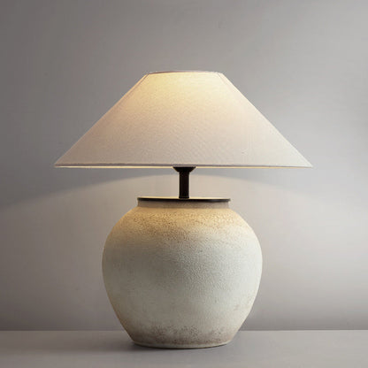 Traditional Japanese Drum Ceramic Fabric 1-Light Table Lamp For Living Room