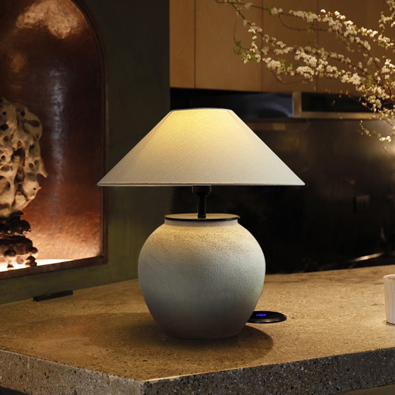 Traditional Japanese Drum Ceramic Fabric 1-Light Table Lamp For Living Room