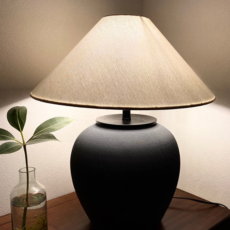 Traditional Japanese Drum Ceramic Fabric 1-Light Table Lamp For Living Room