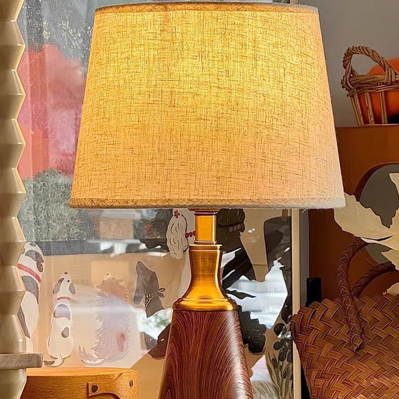 Traditional Vintage Drum Wood Iron Fabric 1-Light Table Lamp For Living Room