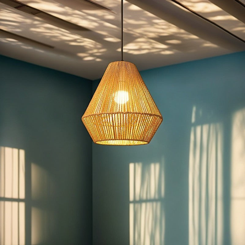 Traditional Vintage Round Iron Rattan 1-Light Pendant Light For Living Room