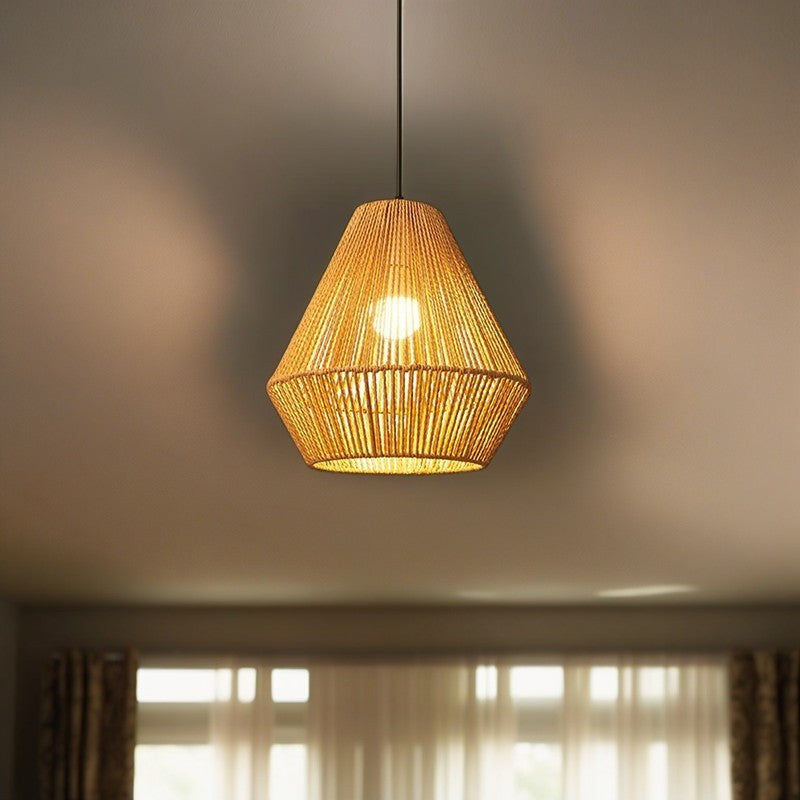 Traditional Vintage Round Iron Rattan 1-Light Pendant Light For Living Room