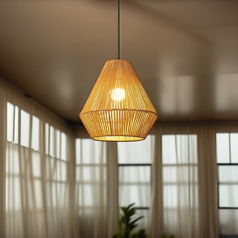 Traditional Vintage Round Iron Rattan 1-Light Pendant Light For Living Room
