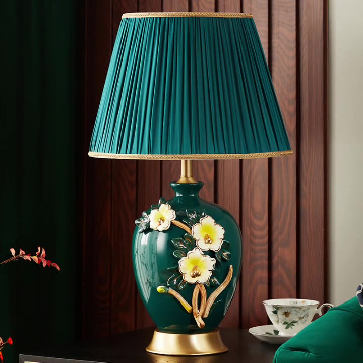 Traditional Chinese Drum Ceramic Copper Fabric Table Lamp For Living Room