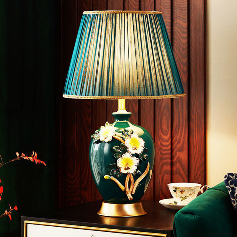 Traditional Chinese Drum Ceramic Copper Fabric Table Lamp For Living Room
