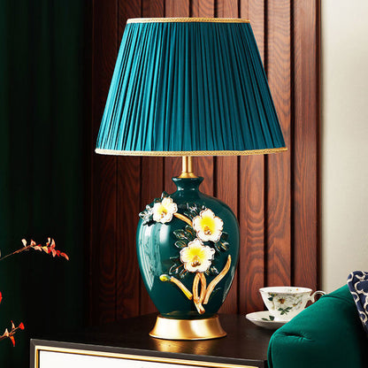 Traditional Chinese Drum Ceramic Copper Fabric Table Lamp For Living Room