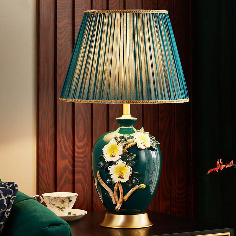 Traditional Chinese Drum Ceramic Copper Fabric Table Lamp For Living Room