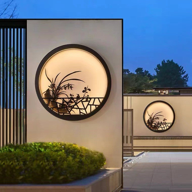 Traditional Chinese Round Iron Acrylic LED Wall Sconce Lamp For Garden