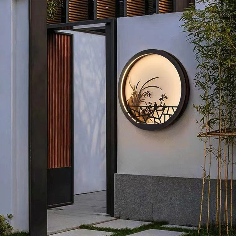 Traditional Chinese Round Iron Acrylic LED Wall Sconce Lamp For Garden