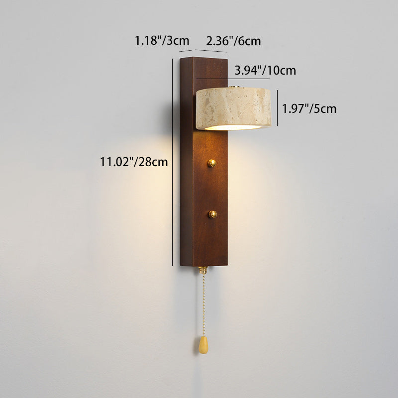 Contemporary Nordic Round Wood Iron Stone 1-Light Wall Sconce Lamp For Living Room
