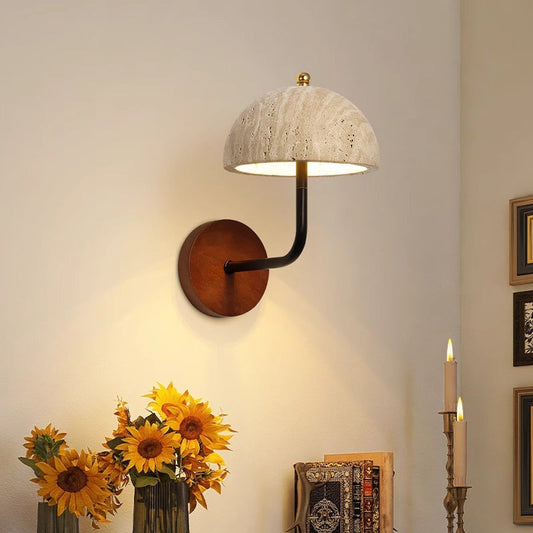 Contemporary Nordic Round Wood Iron Stone 1-Light Wall Sconce Lamp For Living Room