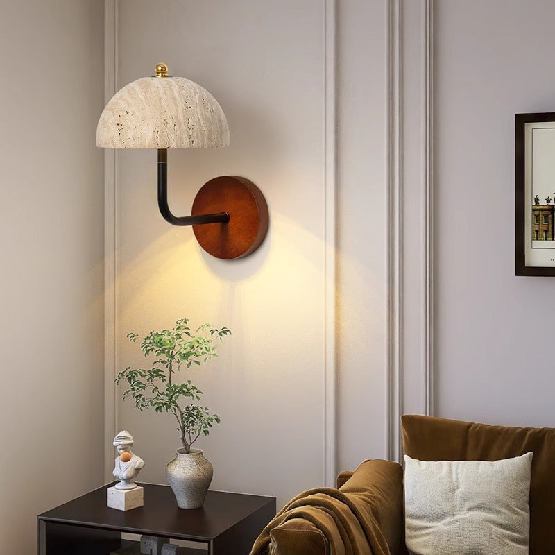 Contemporary Nordic Round Wood Iron Stone 1-Light Wall Sconce Lamp For Living Room