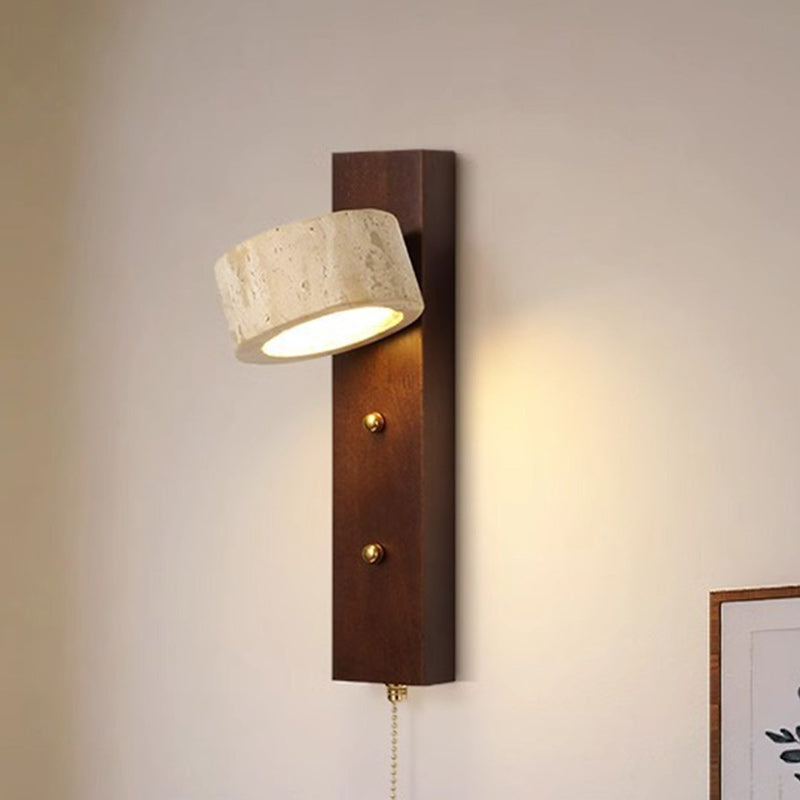 Contemporary Nordic Round Wood Iron Stone 1-Light Wall Sconce Lamp For Living Room