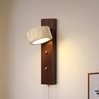 Contemporary Nordic Round Wood Iron Stone 1-Light Wall Sconce Lamp For Living Room